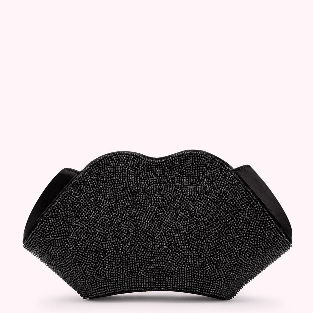 Black beaded lip-shaped clutch bag against a white background.