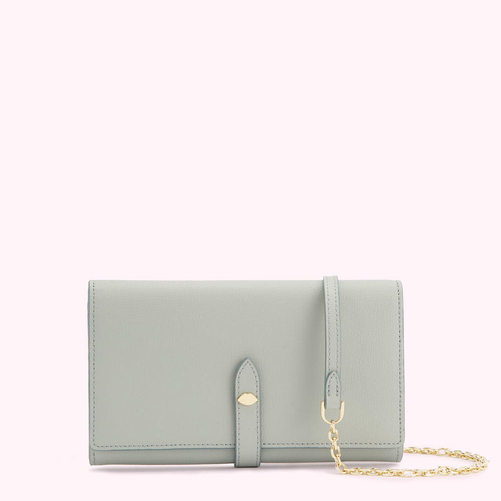 Light grey leather wallet with gold chain strap and clasp.