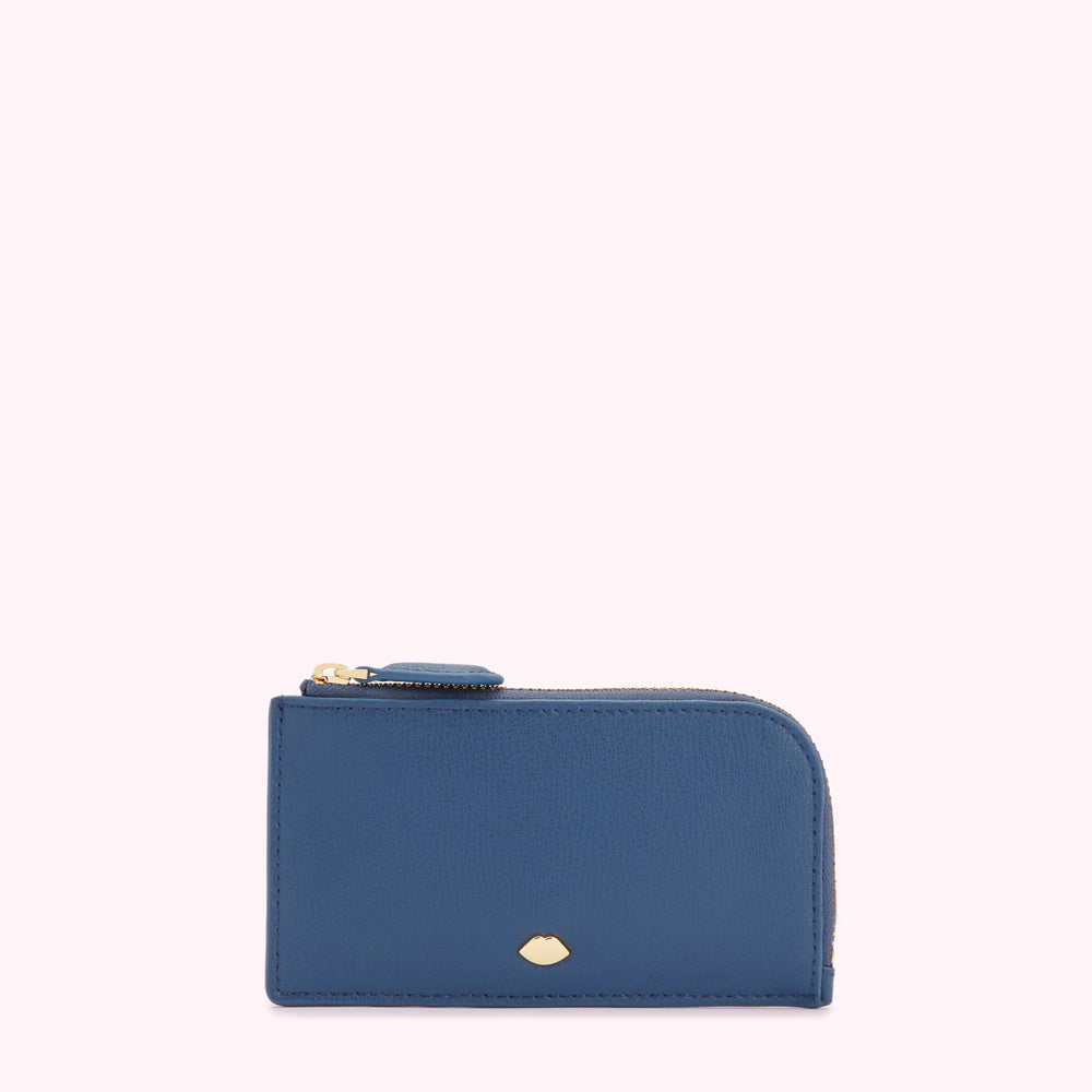 A small, blue leather zip-around wallet against a white background.