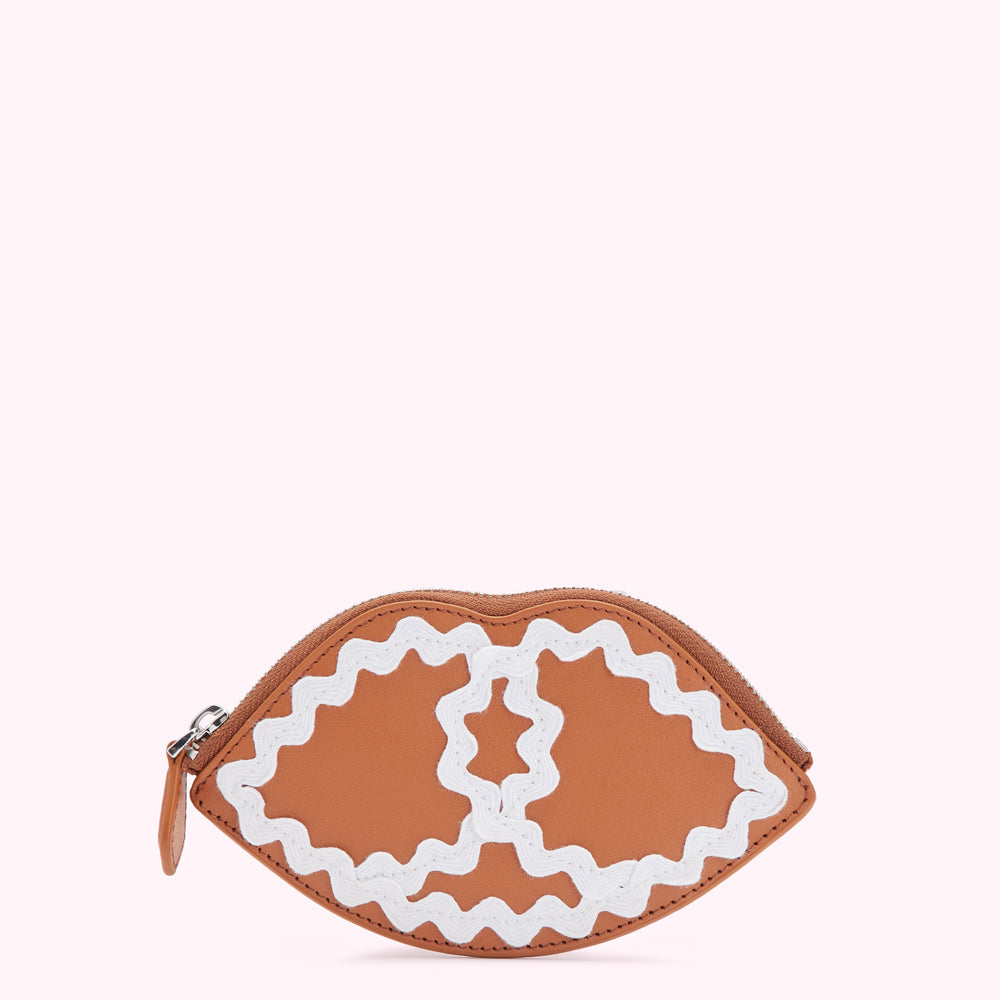 Brown leather lip-shaped coin purse with white stitching detail against a white background.