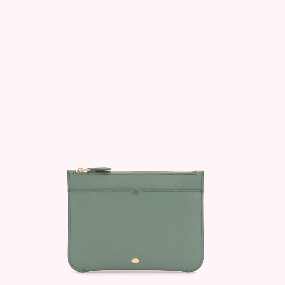 Sage green leather zip pouch on white background.