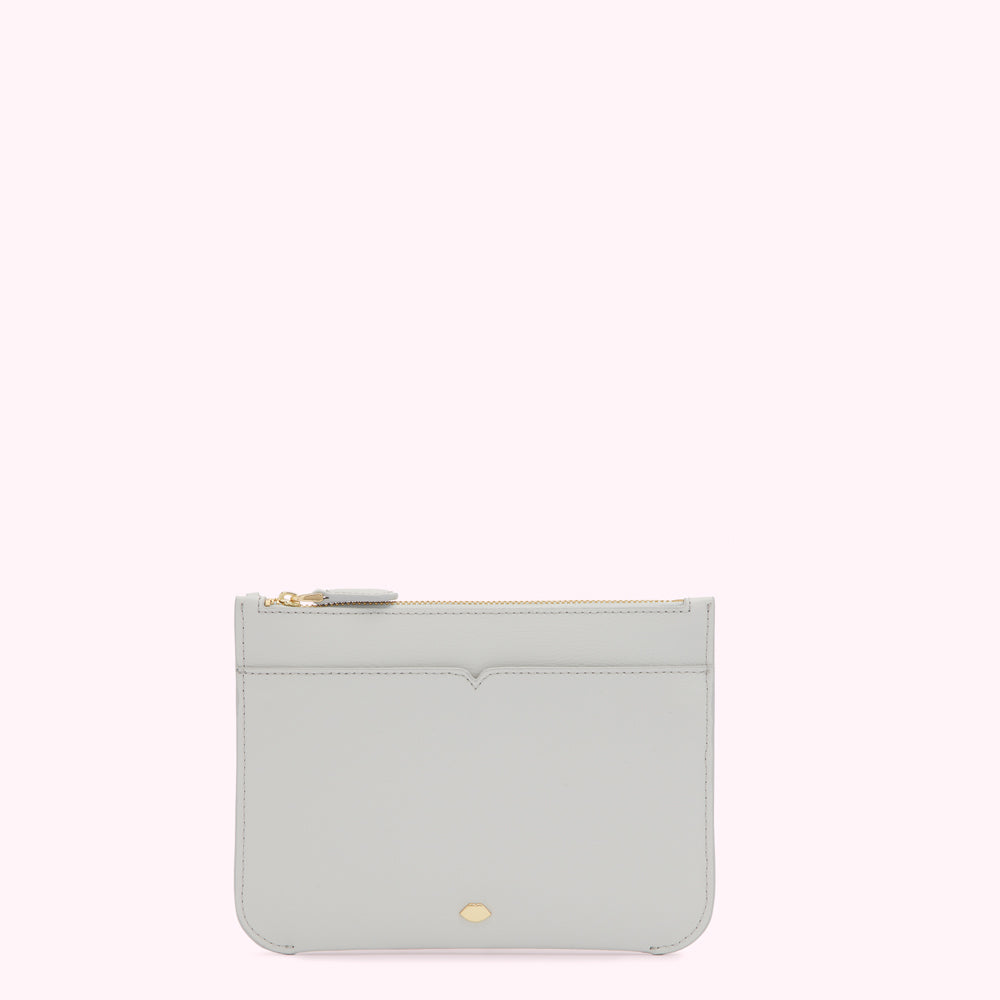 Light grey leather zip pouch with gold zipper and small gold logo.