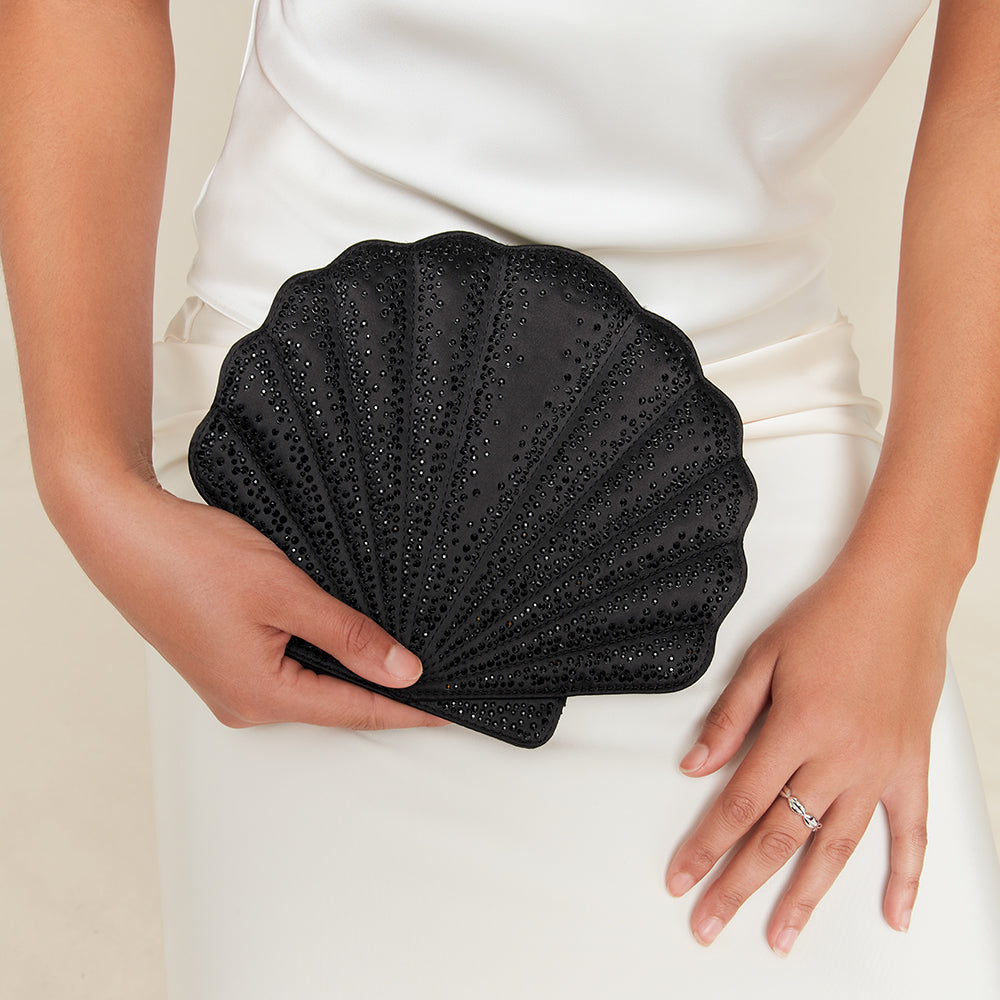 Black Satin Shell Clutch Bag Swarovski Crystals