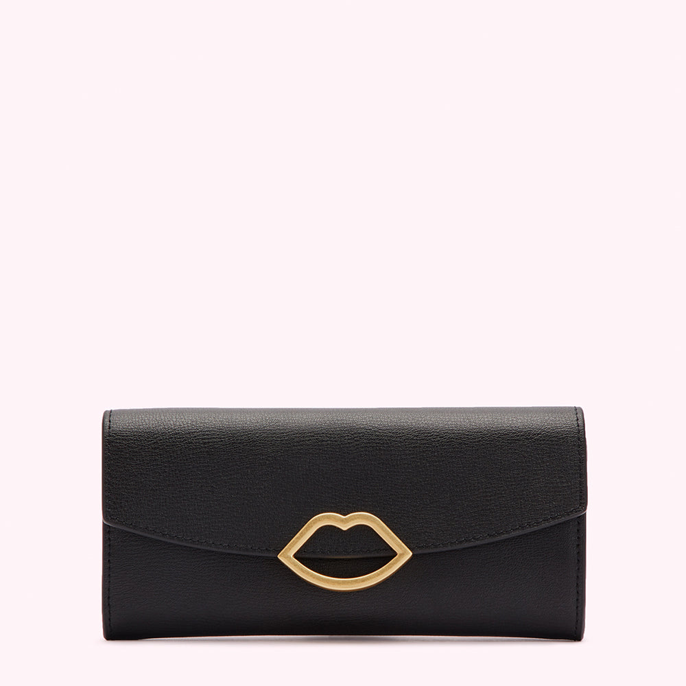 Black leather wallet with gold lip detail.