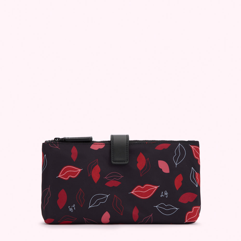 Black zipped pouch with a red and pink lip print.