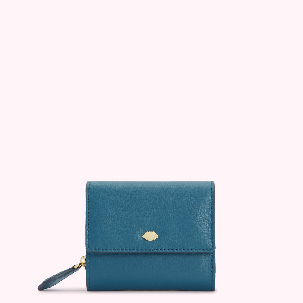 Teal leather wallet with gold lip-shaped clasp.