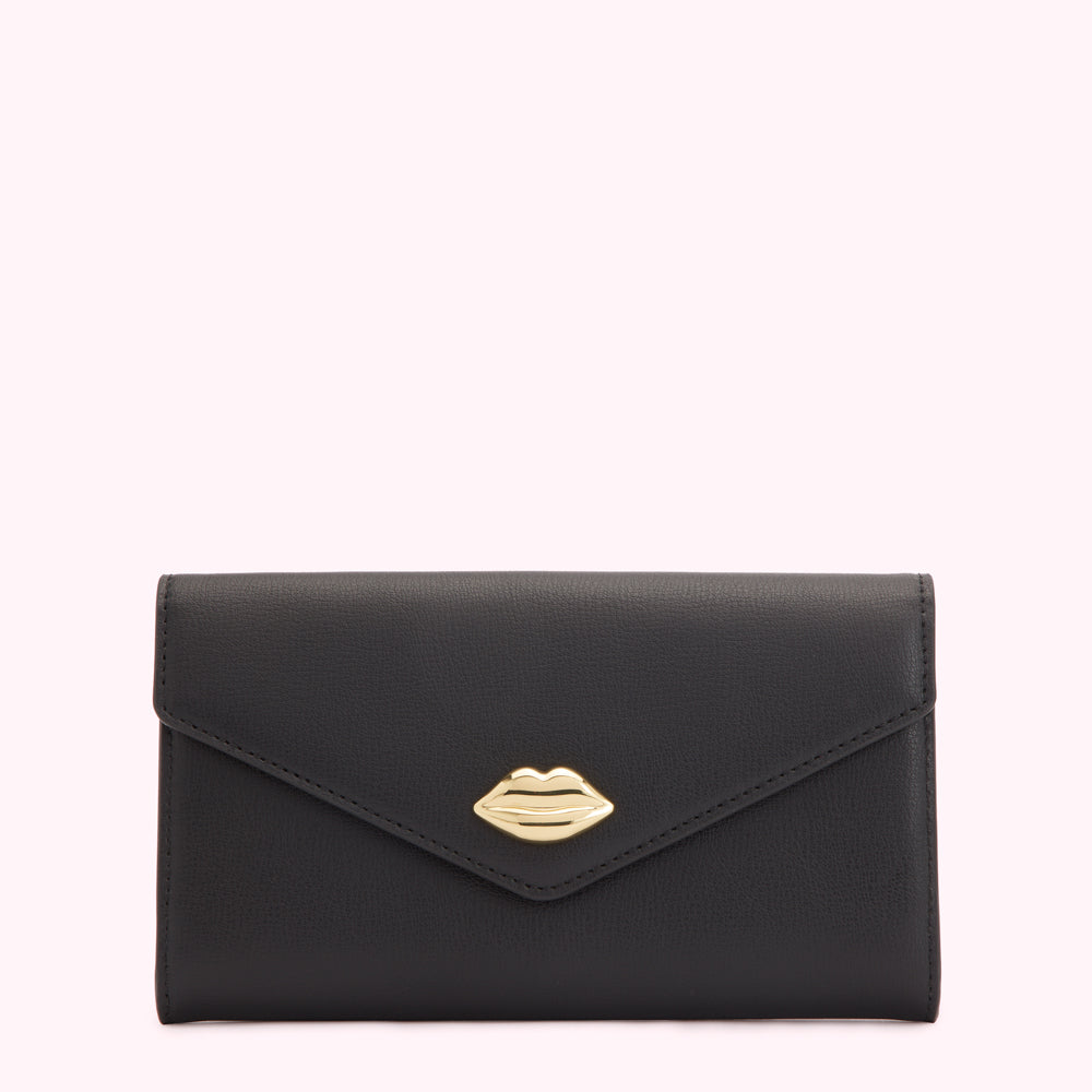 Black leather wallet with gold lip detail.