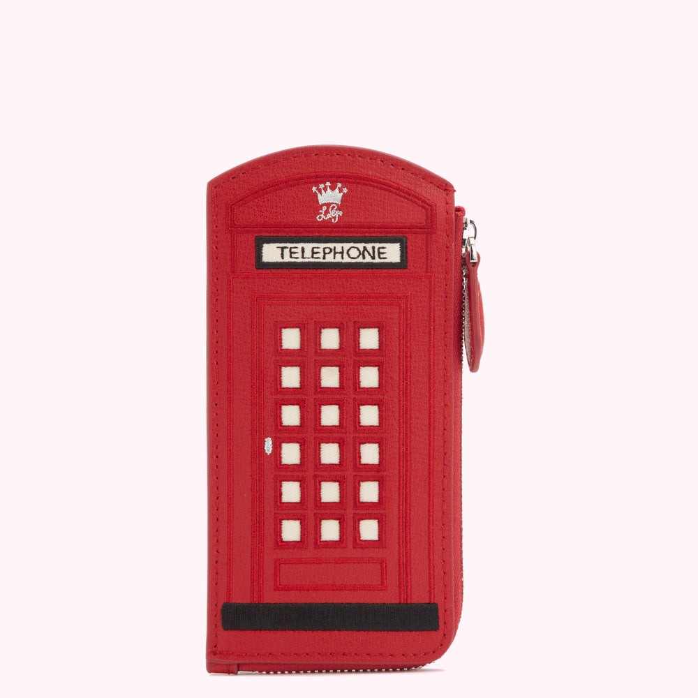Red leather zip-around wallet shaped like a British telephone booth.