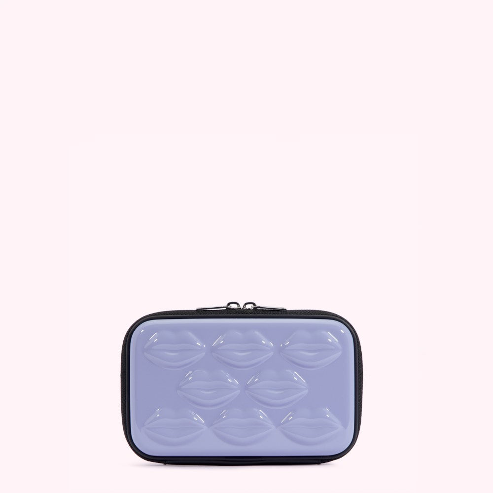 Lavender purple rectangular cosmetic bag with black zipper and lip-shaped embossing.