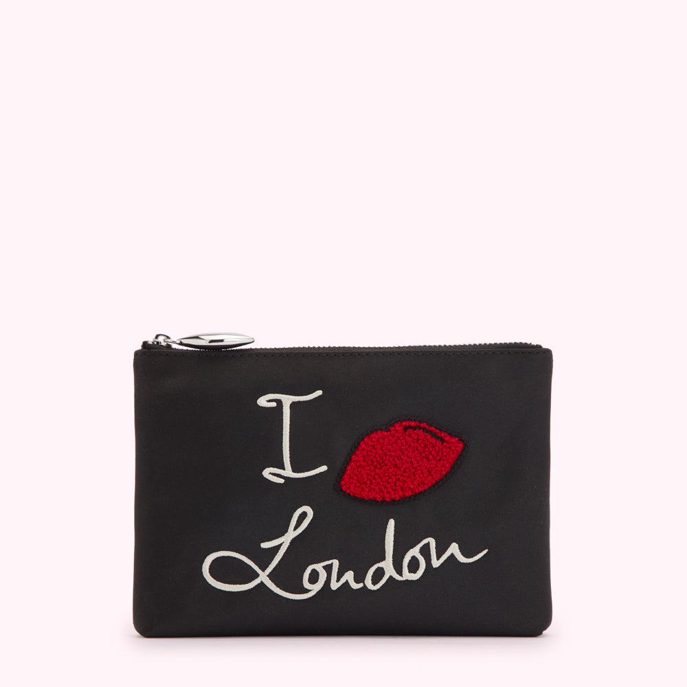 Black zippered pouch with embroidered "I love London" design; the heart is a red lip.