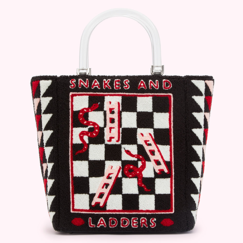 Black tote bag with a snakes and ladders design, clear handle.
