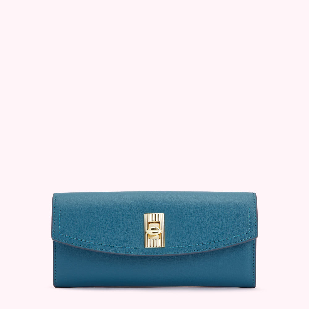 Teal leather wallet with gold clasp.