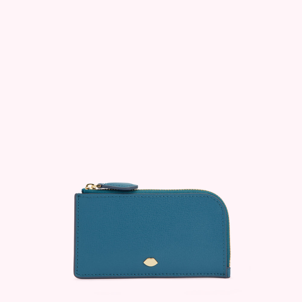Teal leather zip-around card holder.