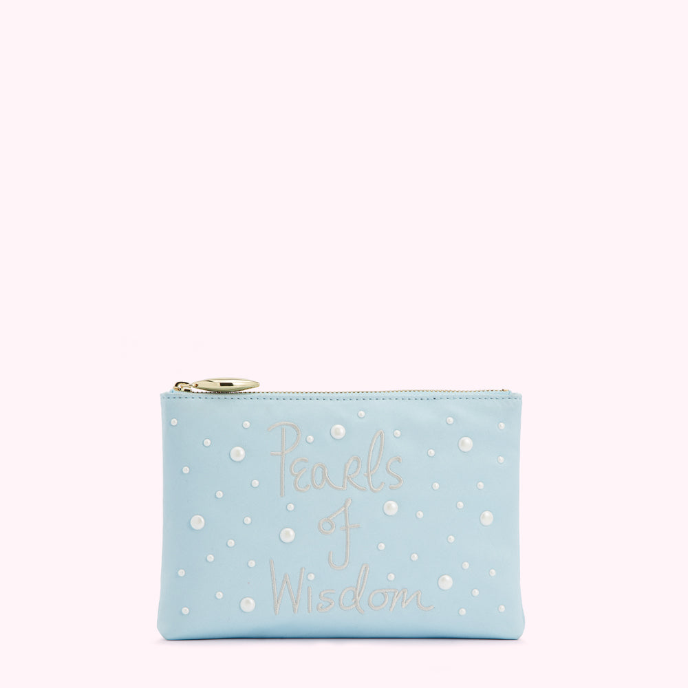 Light blue zippered pouch with the words "Pearls of Wisdom" embroidered on it and adorned with pearl accents.
