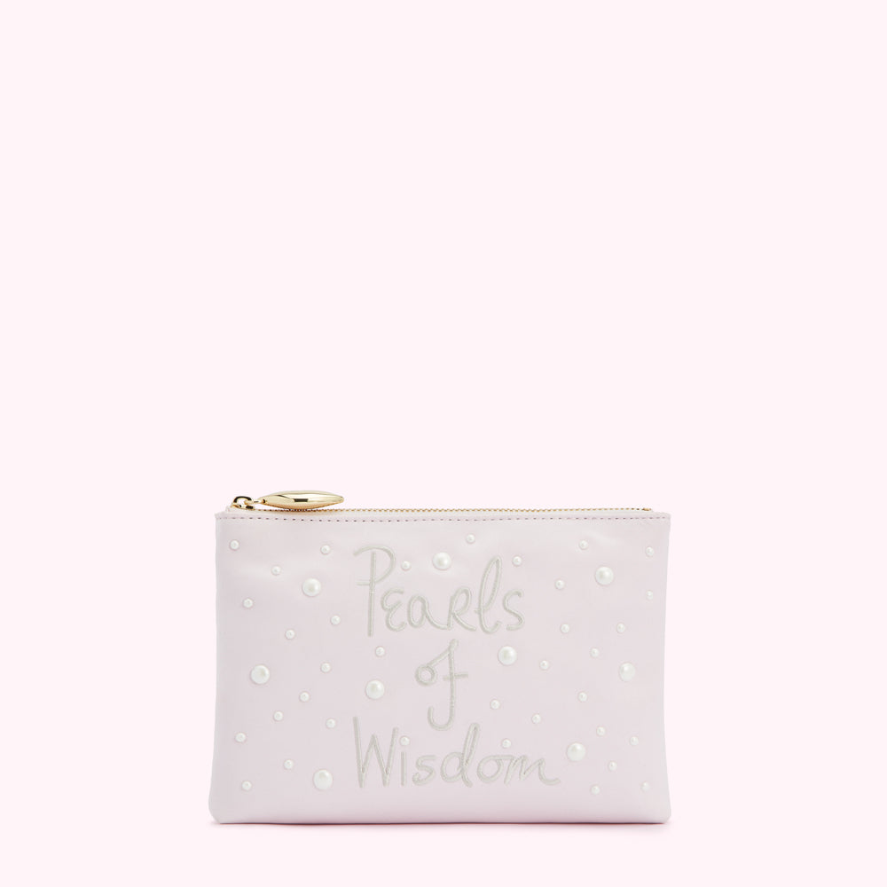 Lavender pink pouch with the words "Pearls of Wisdom" embroidered on it and pearl accents.