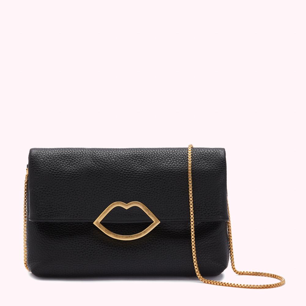 Black leather clutch with gold lip-shaped clasp and gold chain strap.