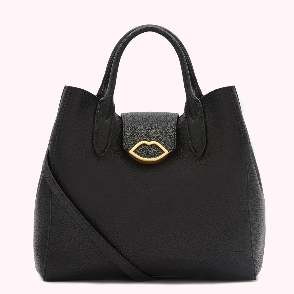 Black leather handbag with gold lip-shaped clasp.