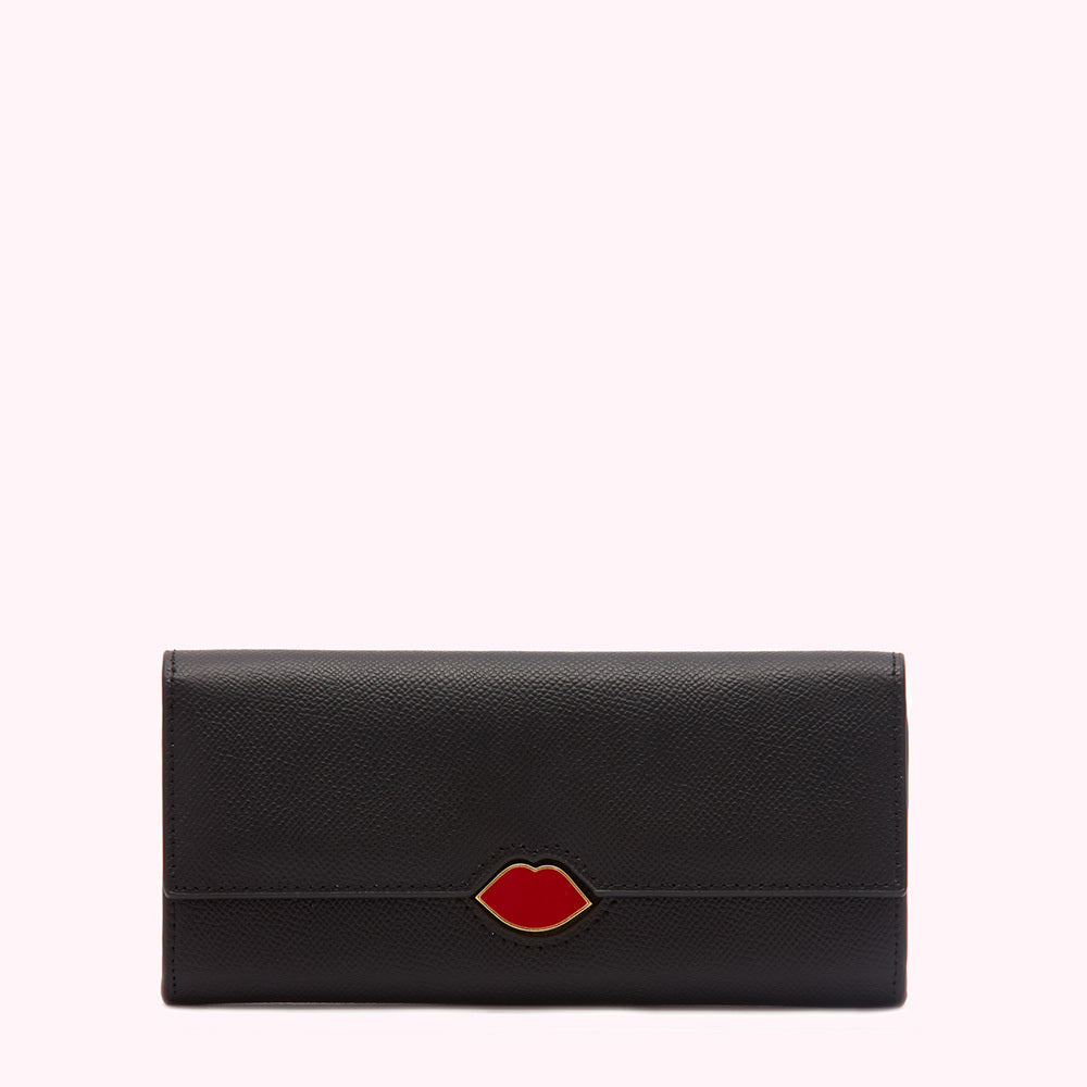 Black leather wallet with a red lip detail.