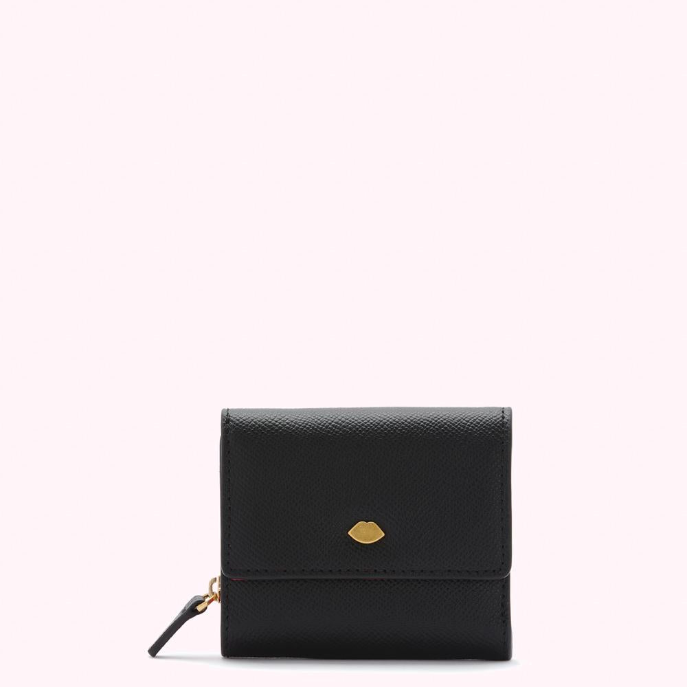 Black leather wallet with gold lip emblem against a white background.