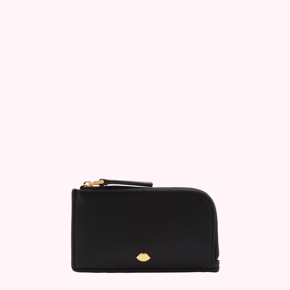 Black leather zip-around cardholder with gold lip detail on a white background.