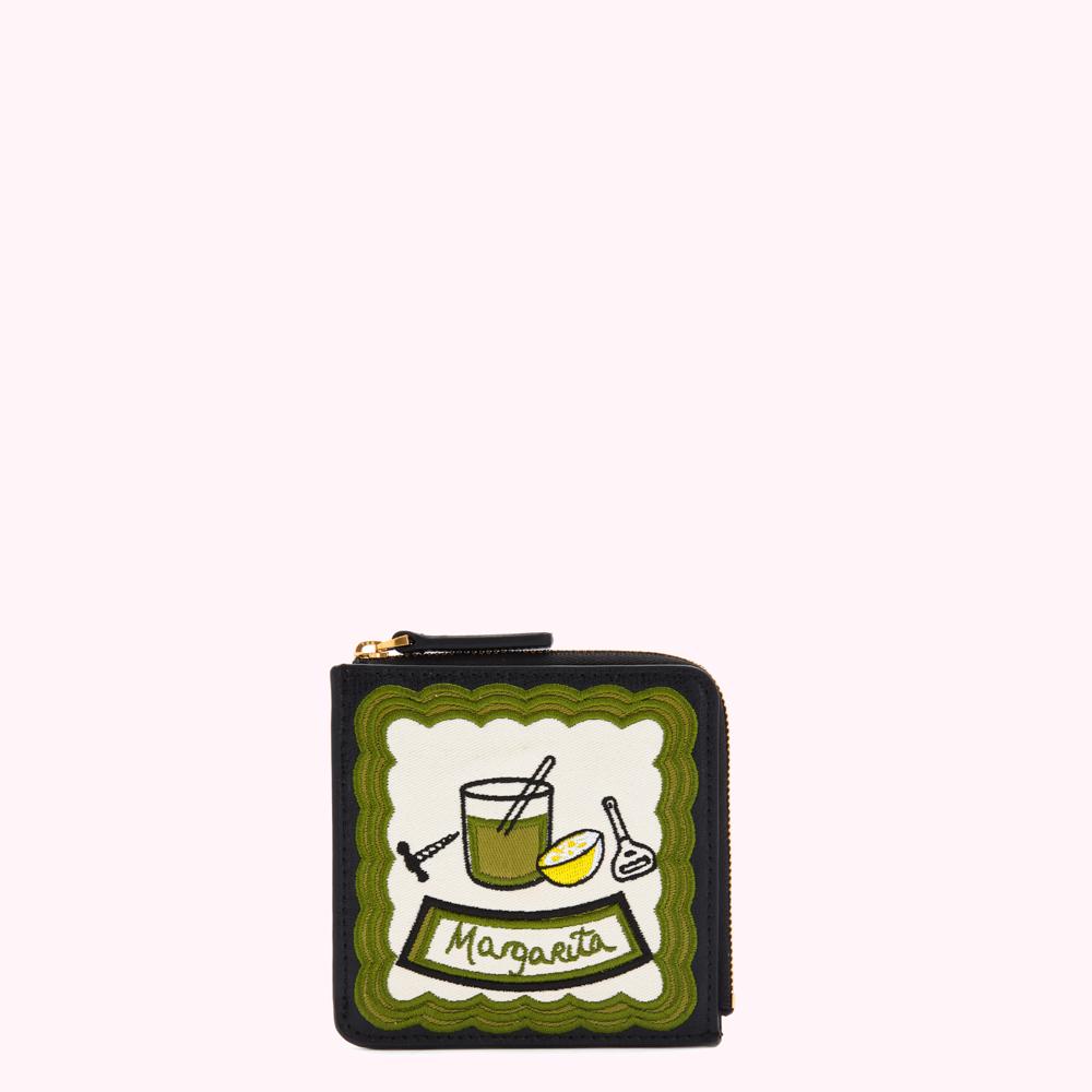 Black leather zip-around wallet with olive green embroidered margarita design.