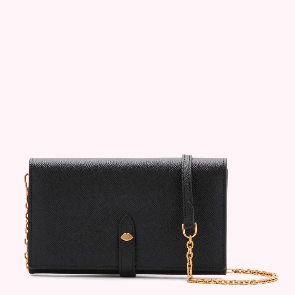 Black leather wallet on chain against a white background.