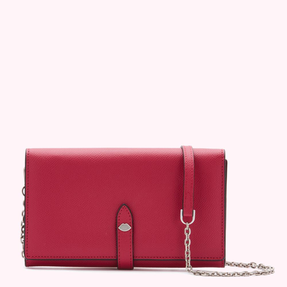 A red leather wallet-on-chain with a silver clasp.