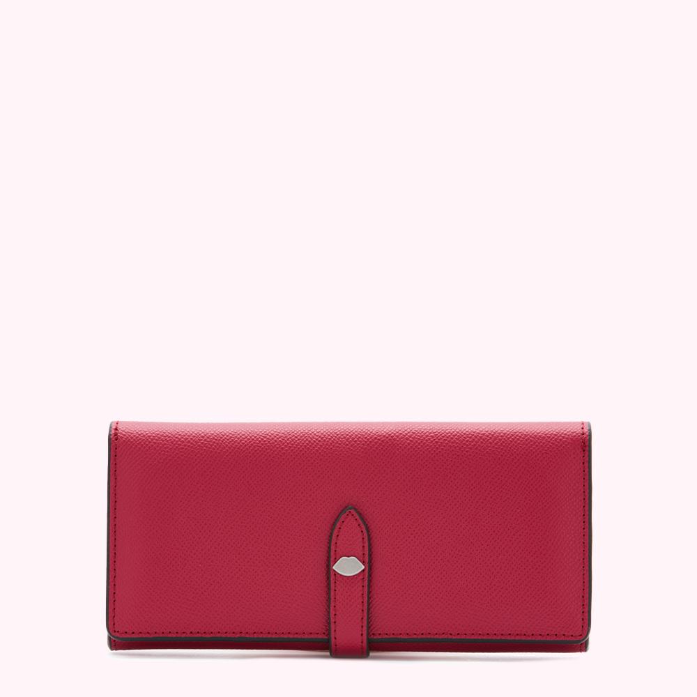 Red leather wallet with a lip-shaped clasp.
