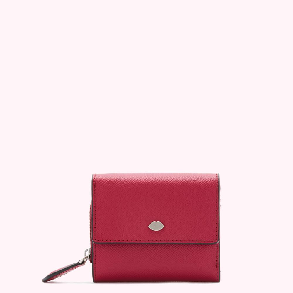Red leather wallet with a silver lip emblem.