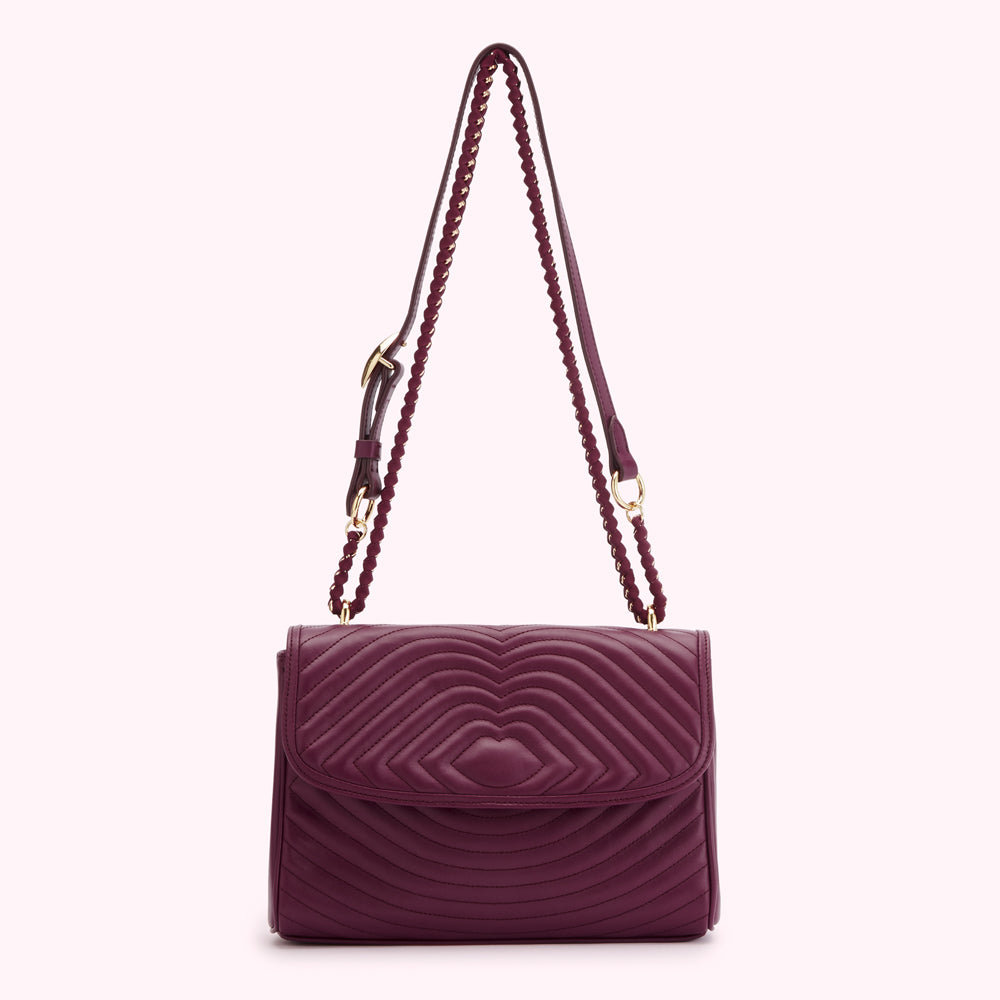 Burgundy quilted crossbody bag with gold chain strap.