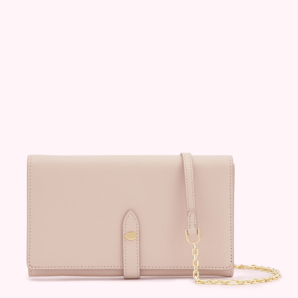Pale pink leather wallet-on-chain.