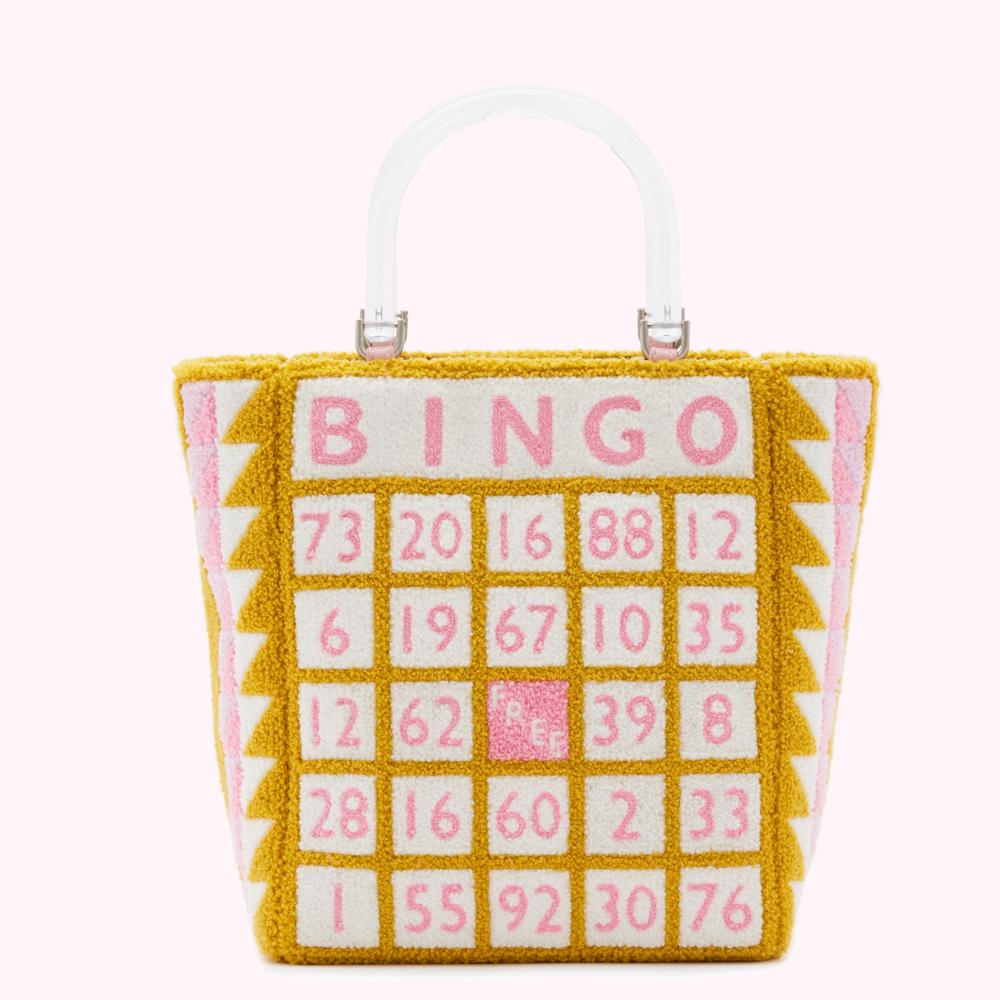 Yellow and pink bingo card tote bag with clear handle.