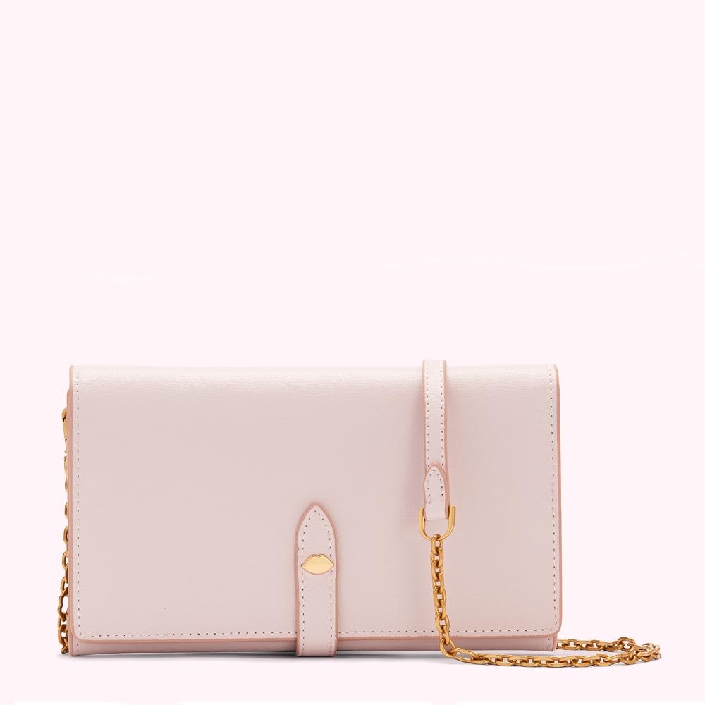 Pink leather wallet-on-chain bag with gold-toned hardware.