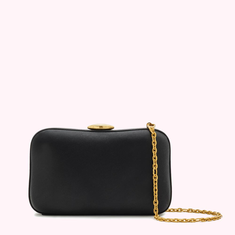 Black satin clutch with gold chain strap and clasp.