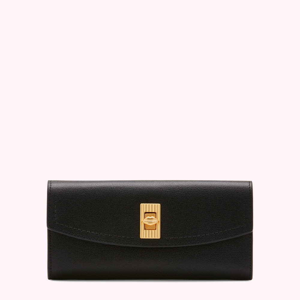Black leather wallet with gold clasp.