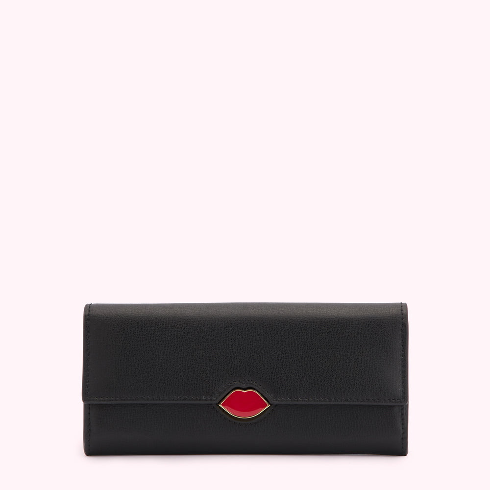 Black leather wallet with red lip detail.