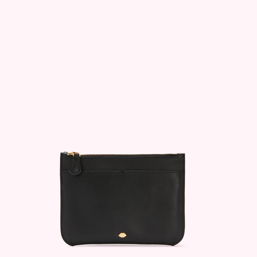 Black leather zip pouch on a white background.