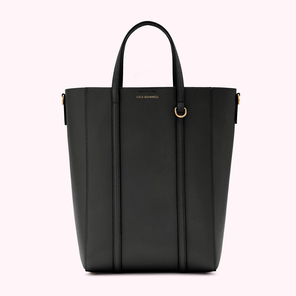 Black Lulu Guinness tote bag with gold hardware.