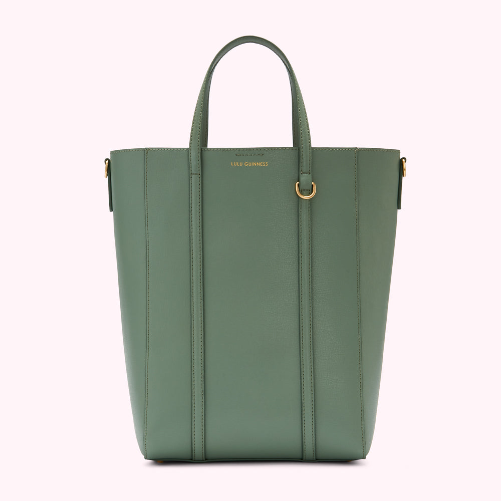 Sage green Lulu Guinness tote bag with gold accents.