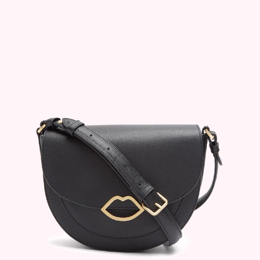 Black half-moon crossbody bag with gold lip detail.