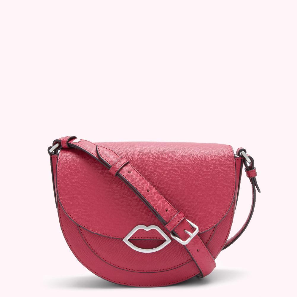 Pink half-moon crossbody bag with a silver lip-shaped clasp.