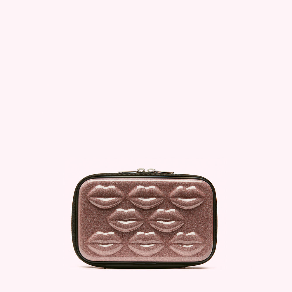 Rose gold glitter cosmetic bag with embossed lips.