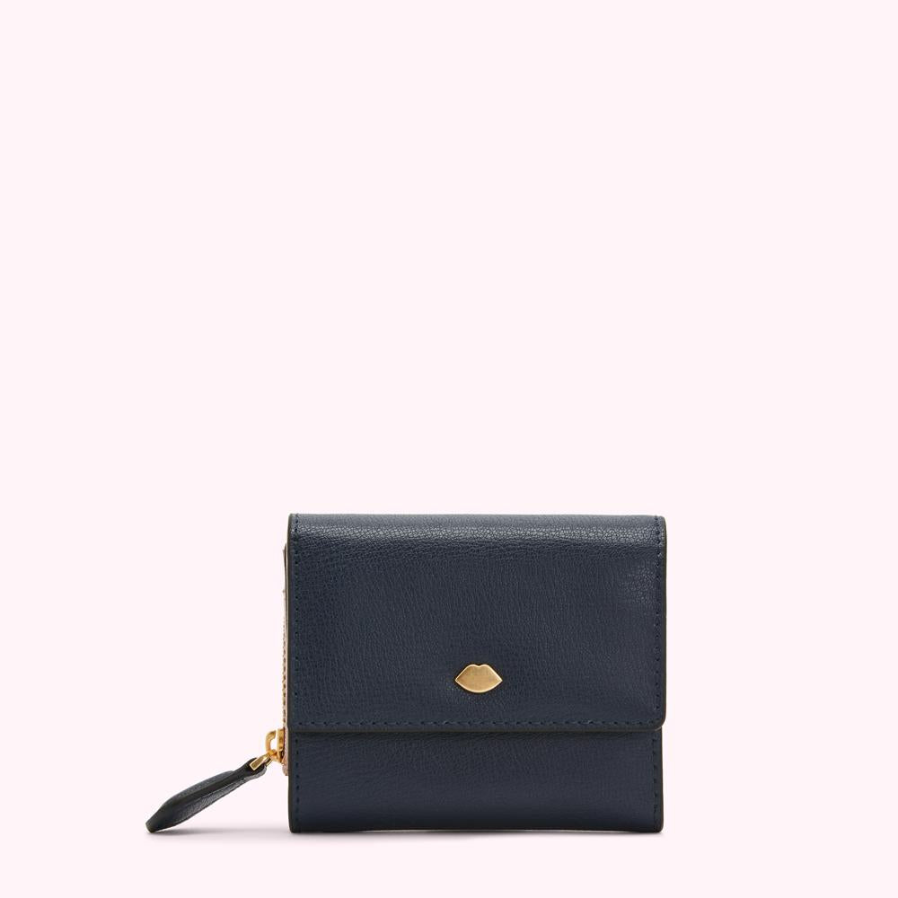 Navy blue leather wallet with gold lip detail.