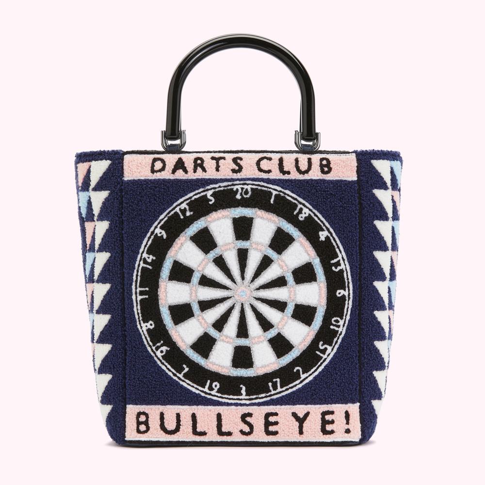 Blue tote bag with a dartboard design, the text "DARTS CLUB" and "BULLSEYE!"