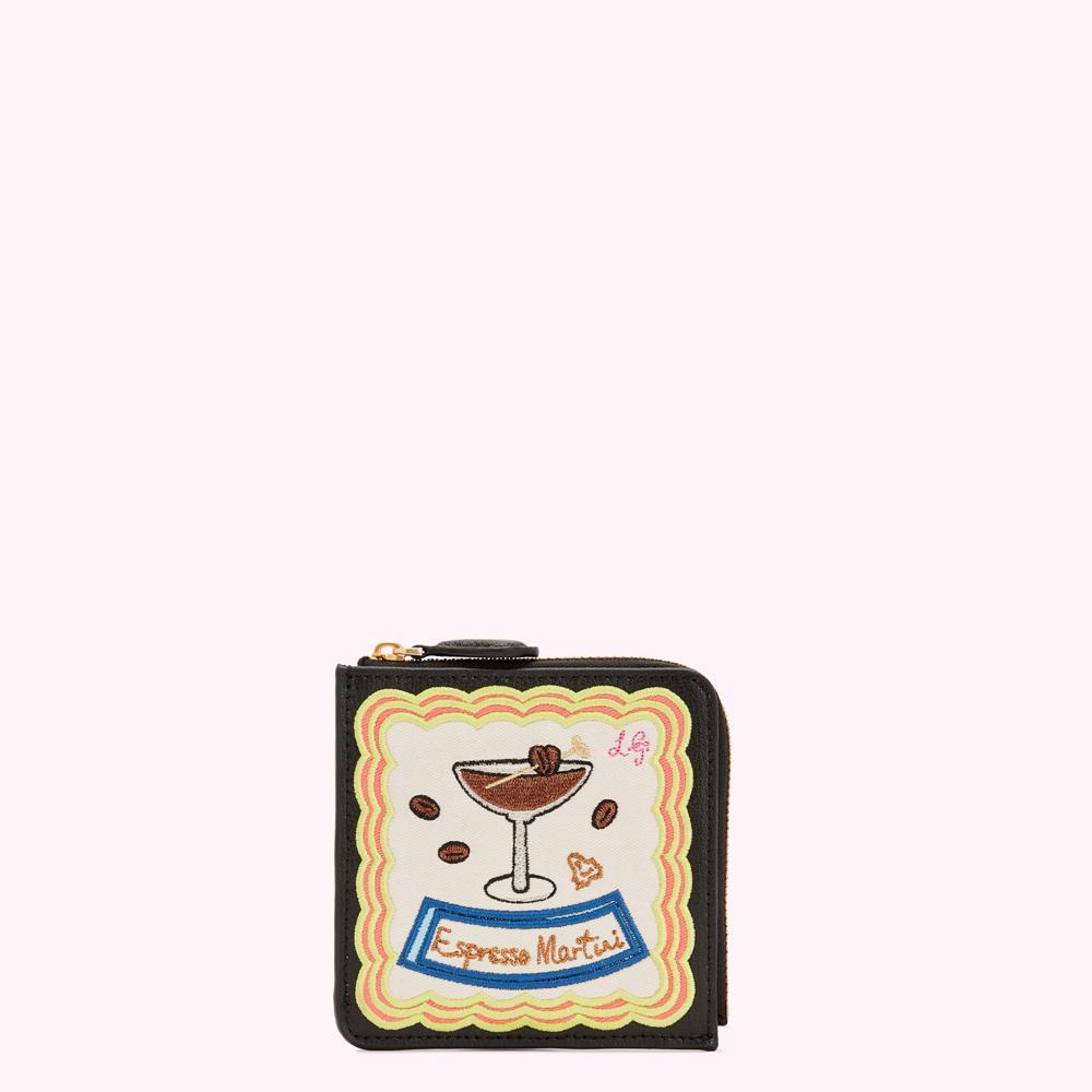 Black leather zip-around wallet with embroidered espresso martini design.