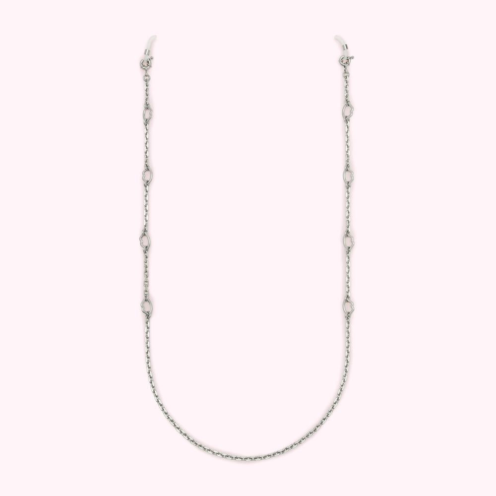 Silver eyeglasses chain with decorative links.