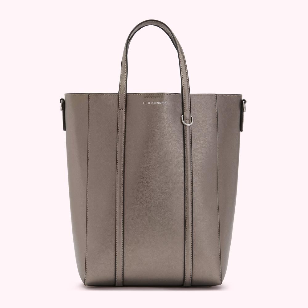 A taupe Lulu Guinness tote bag with silver-toned hardware.
