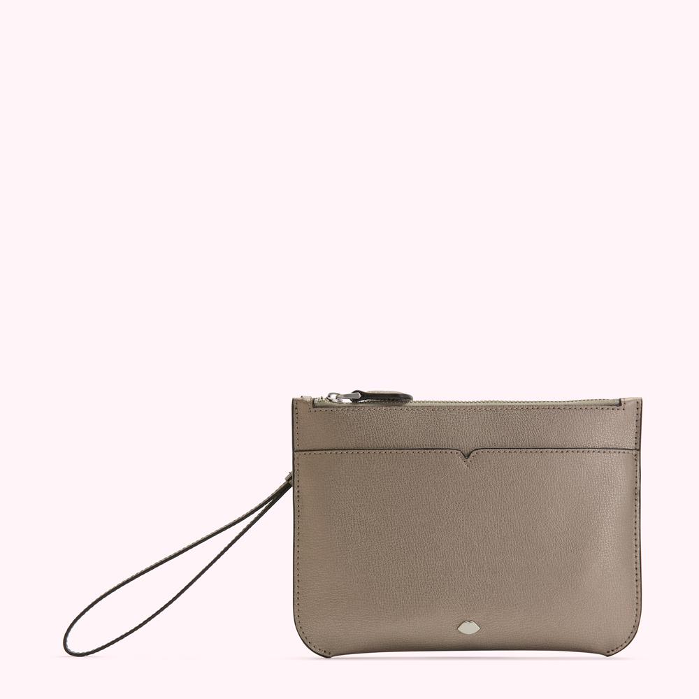 Taupe leather zip pouch with a wrist strap.