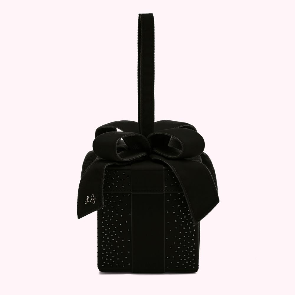 Black jeweled present-shaped handbag with a black velvet bow and top handle.