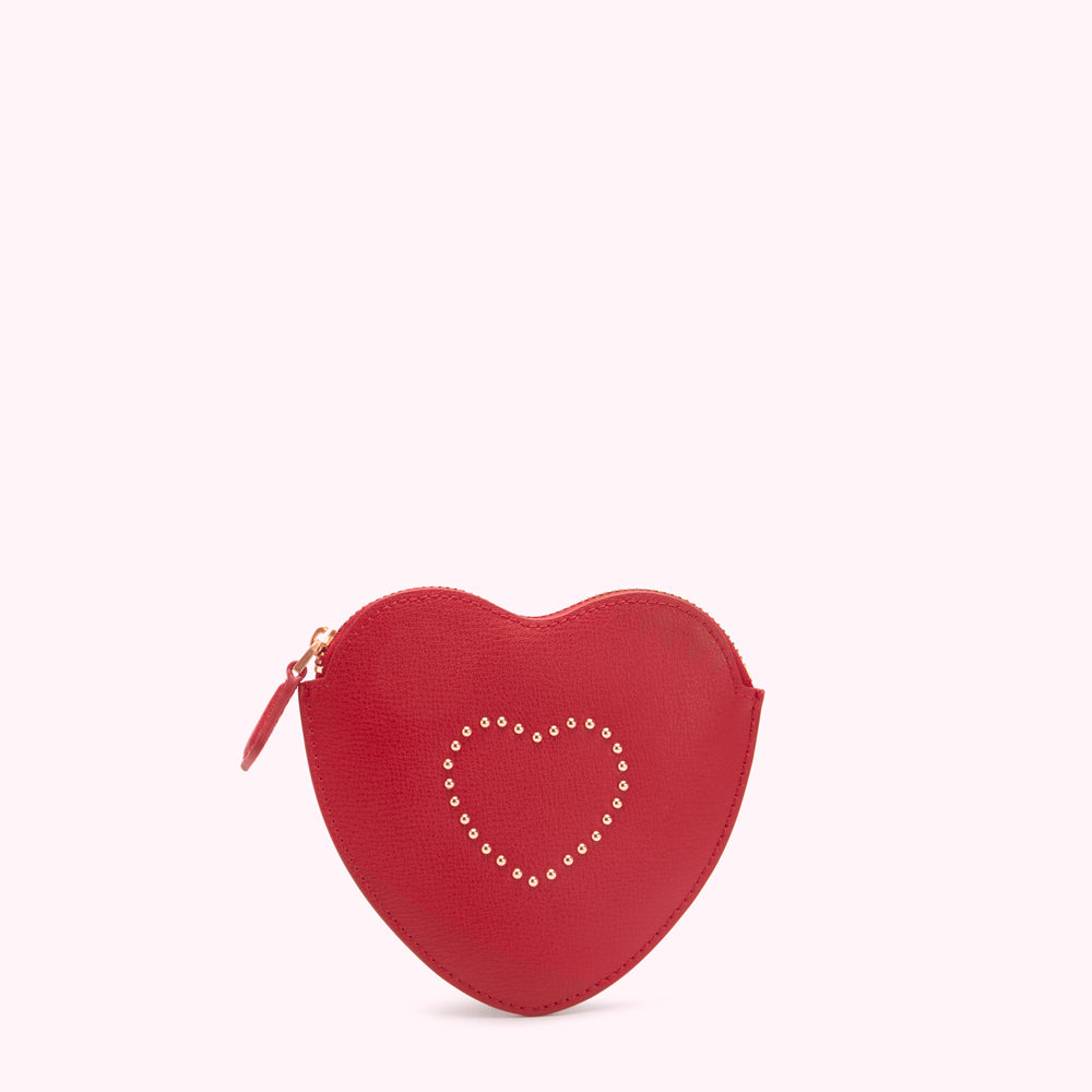 Red heart-shaped purse with gold heart detail.
